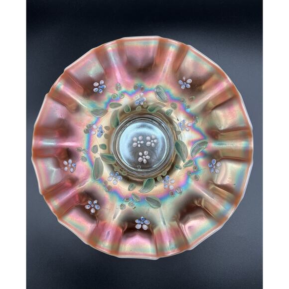 Antique Dugan Enameled Single Flower Opalescent Peach Carnival Glass Bowl 9” - Picture 2 of 11